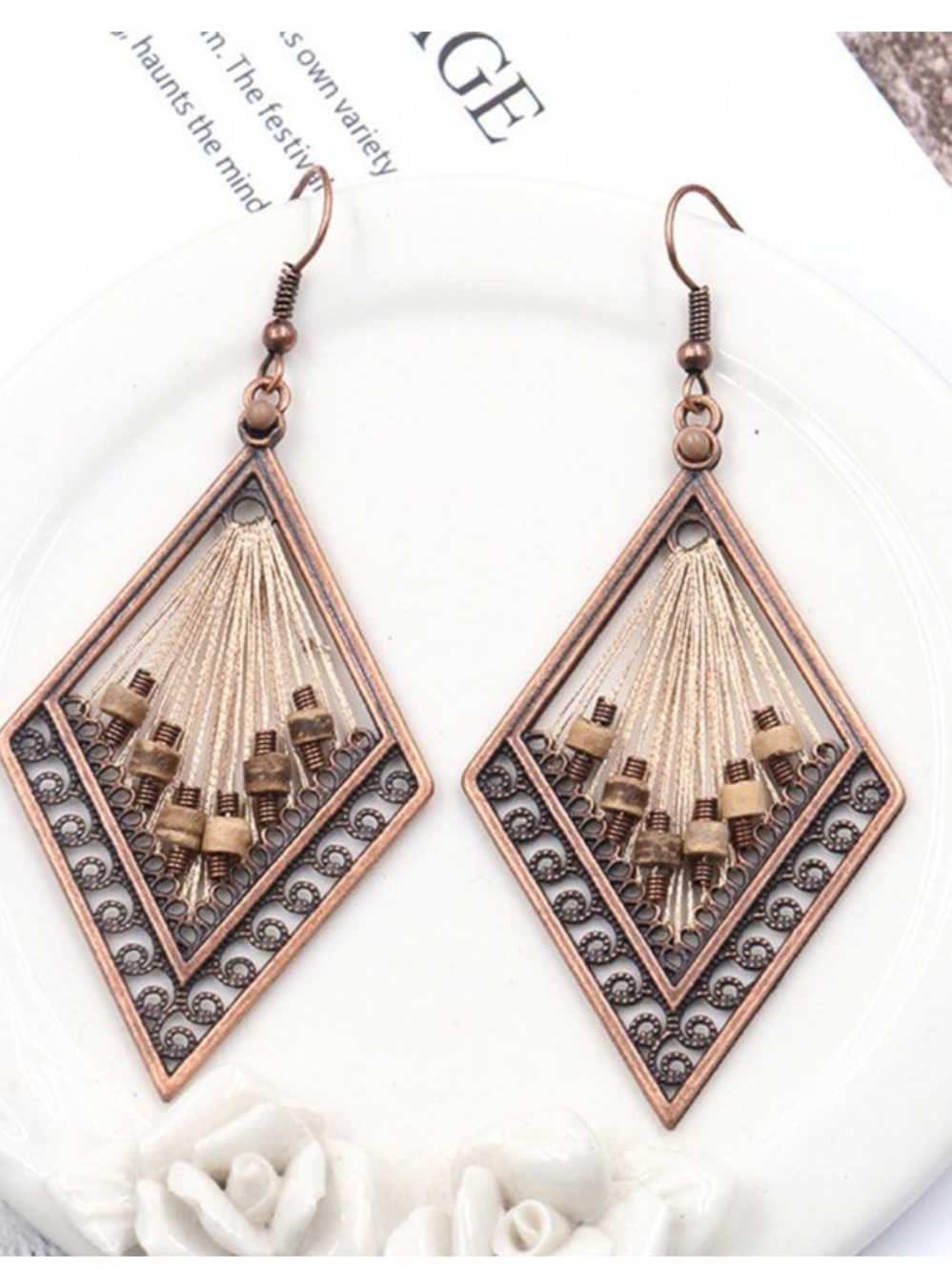 Boho Dangle Diamond-Shaped Earrings in Antique Bronze and Beige